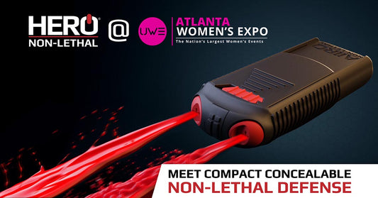 AIIRO® fires a stream of irritant gel next to logos for HERO Non Lethal and the Atlanta Women's Expo
