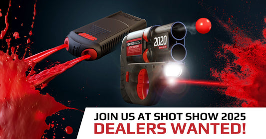 HERO® 2020 and AIIRO® firing non-lethal irritant followed by the text "Join us at Shot Show 2025! Dealers wanted"