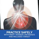 A burst of powder against a target. Text on the image reads "Practice safely with inert trainer cartridges and included target"
