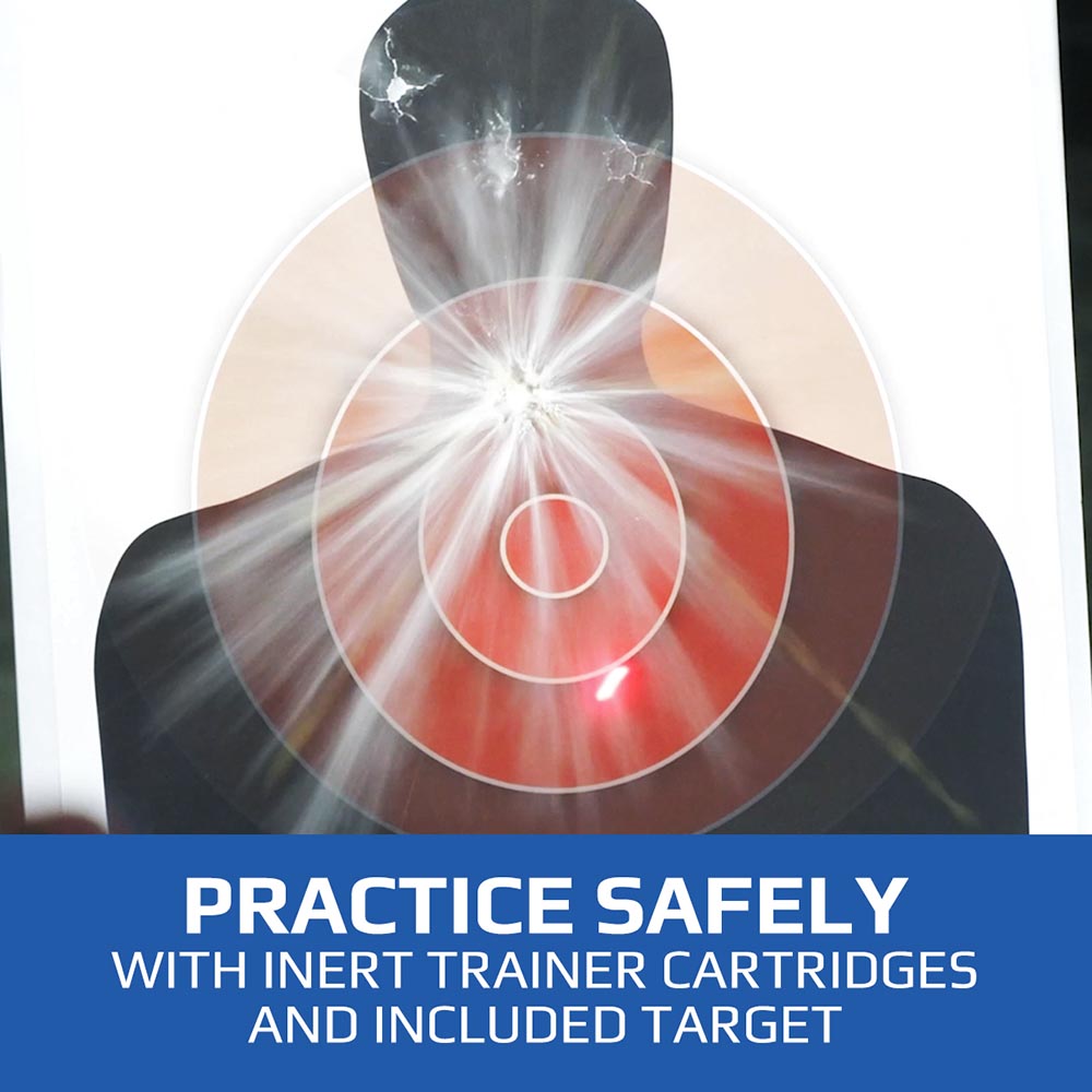 A burst of powder against a target. Text on the image reads "Practice safely with inert trainer cartridges and included target"